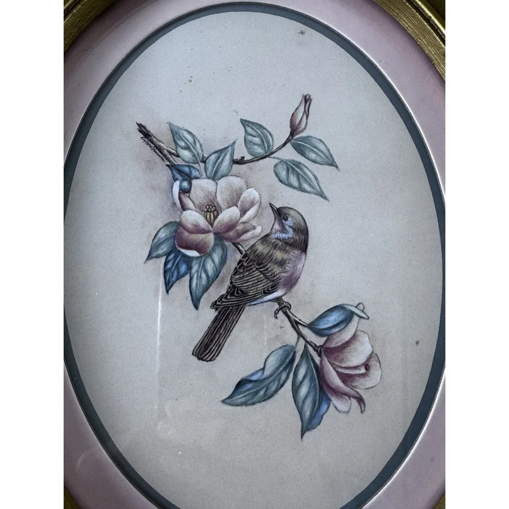 Vintage Homco Bird Magnolia Framed Print Pair Gold Oval Wall Art 11x9